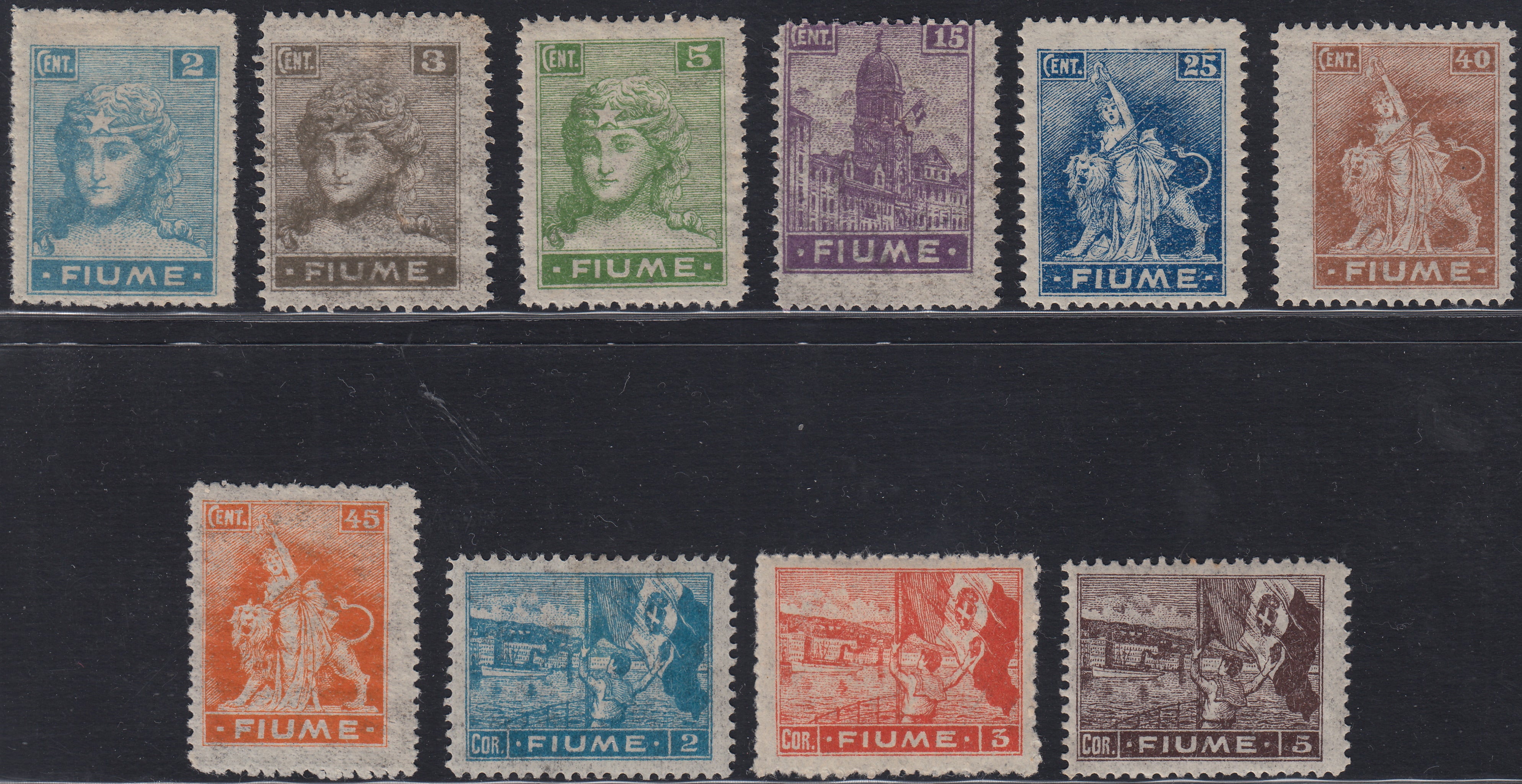 Fiume721 - 1919 - Allegorie, carta tipo "B", serie di 10 valori nuovi con gomma originale (B32/34 + B36/47)