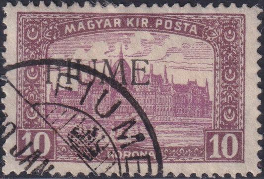 Fiume722 - 1918 - Francobollo d'Ungheria della serie Parlamento, 10 korone bruno lilla e lilla con soprastampa F I U M E a macchina usato (21).