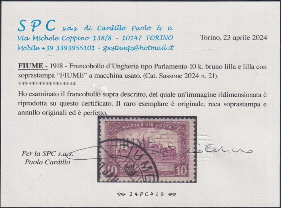 Fiume722 - 1918 - Francobollo d'Ungheria della serie Parlamento, 10 korone bruno lilla e lilla con soprastampa F I U M E a macchina usato (21).