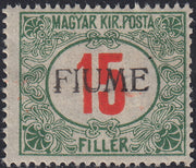 Fiume732 - 1918 - Segnatasse di Ungheria 15 filler verde e rosso soprastampa a mano del II tipo con doppie lettere FIUM nuovo con gomma, INEDITO (10/IIea)