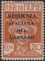 Fiume733 - 1920 - Legionari di Fiume con soprastampa REGGENZA ITALIANA DEL CARNARO di prova, c. 20 ocra nuovo senza gomma (P128)