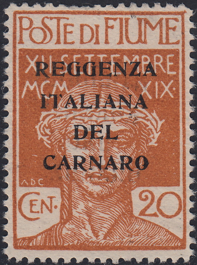 Fiume733 - 1920 - Legionari di Fiume con soprastampa REGGENZA ITALIANA DEL CARNARO di prova, c. 20 ocra nuovo senza gomma (P128)