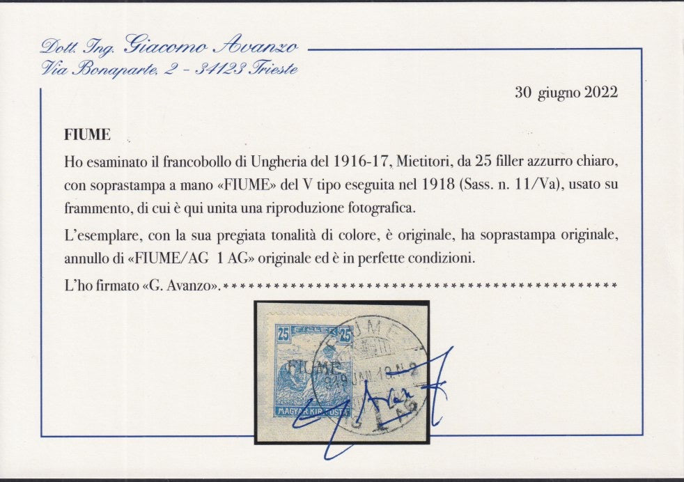 Fiume744 - 1918 - Mietitori d'Ungheria c.25 azzurro chiaro soprastampa a mano FIUME del V tipo usato su frammento (11/Va)