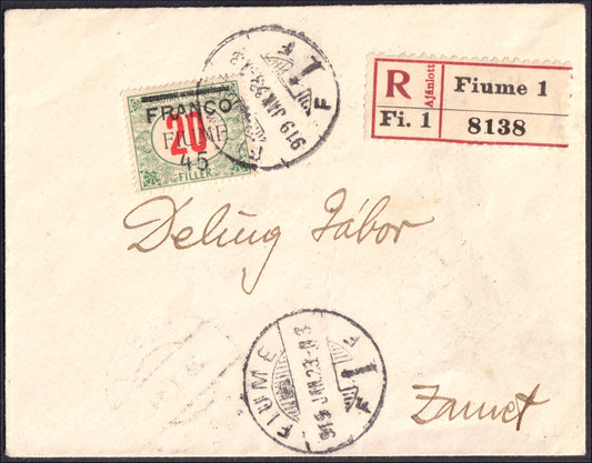 FiumeSP106 -  1918 - Lettera affrancata con segnatasse di Ungheria 20 filler con soprastampa a macchina FIUME e ulteriore soprastampa "Franco 45" a mano (30)