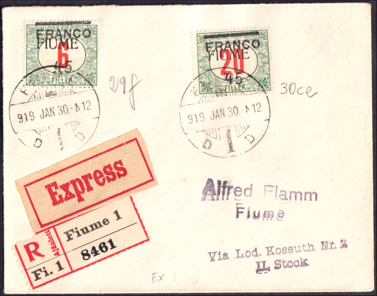 FiumeSP107 -  1918 - Lettera affrancata con segnatasse di Ungheria 6 filler con soprastampa a macchina FIUME fortemente spostata in alto e ulteriore soprastampa "Franco 45" a mano + + 20 filler con soprastampa  a mano obliqua (29e + 30ce)