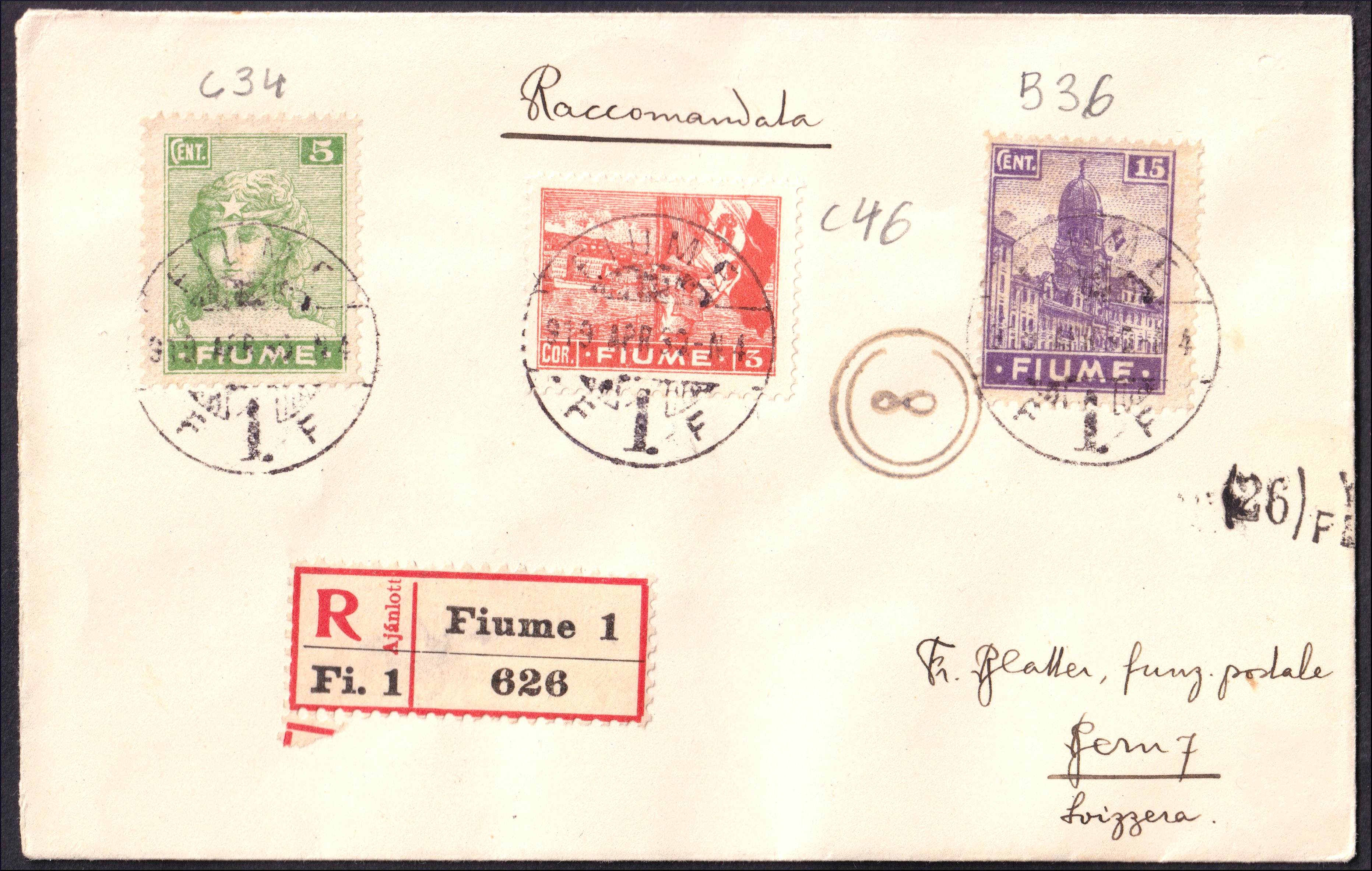 FiumeSP123 - 1920 - Lettera affrancata con allegorie c. 5 verde giallo carta C + k. 3 arancio carta C + c. 15 violetto carta B usati su bsta da FIume per la Svizzera 30/4/1932 (B36 + C34 + C46)