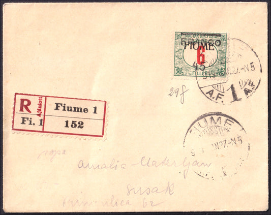 FiumeSP126 -  1918 - Lettera affrancata con segnatasse di Ungheria 6 filler con soprastampa a macchina FIUME fortemente spostata in alto e ulteriore soprastampa "Franco 45" a mano (29e)