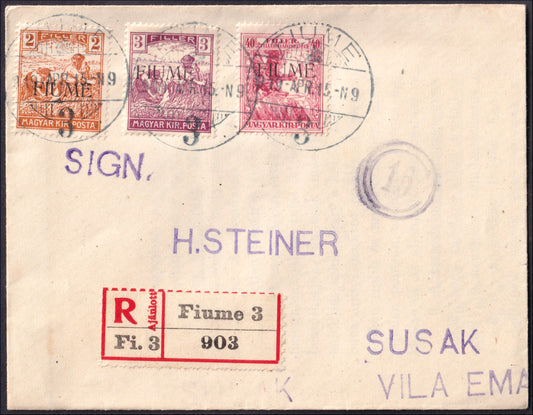 FiumeSP23 - 1918 - Letter stamped with Hungarians machine overprint charity 40 (+2) carmine filler + reapers 2 filler + 3 filler (1A + 4 + 5)