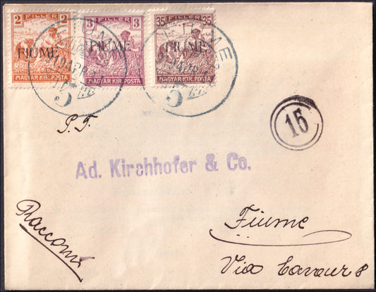 FiumeSP41 - 1918 - Letter stamped with Hungarians overprinted by reapers machine 2 fillers + 3 fillers + 35 fillers (4 + 5 + 12)