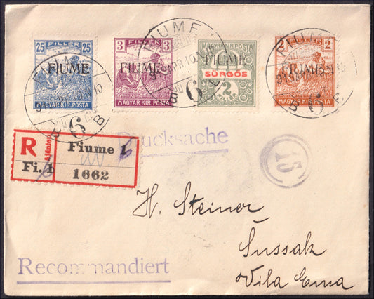 FiumeSP49 - 1918 - Carta estampada con sobreimpresión húngara por la máquina 2f. + 3f. + 25f. + 2f periódicos. verde (4 + 5 + 11 + G2)