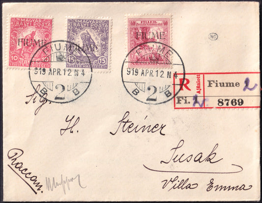 FiumeSP53 - 1918 - Letter stamped with Hungarians machine overprinted for charity complete set (1A + 2 + 3)