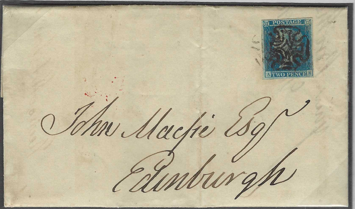 ♾️ Non soggetto a sconti - GB10 - 1841 - 2d azzurro "Penny Blue" tavola 3 su lettera da Greenock per Edimburgo 2/1/1844 (SG14, Pl. 3)