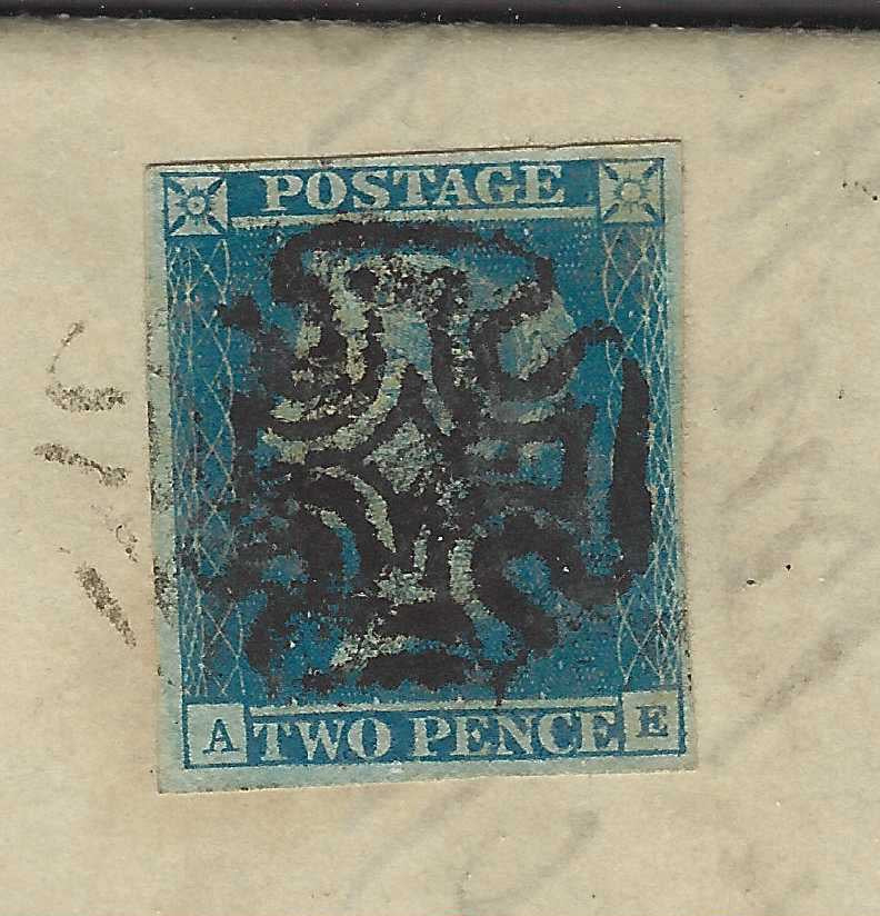 ♾️ Non soggetto a sconti - GB10 - 1841 - 2d azzurro "Penny Blue" tavola 3 su lettera da Greenock per Edimburgo 2/1/1844 (SG14, Pl. 3)