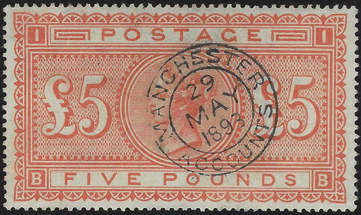 ♾️ Non soggetto a sconti - GB12 - 1867/83 - 5 sterline arancio filigrana grande ancora usato (Y&T n. 46, SG n. 137, plate 1)