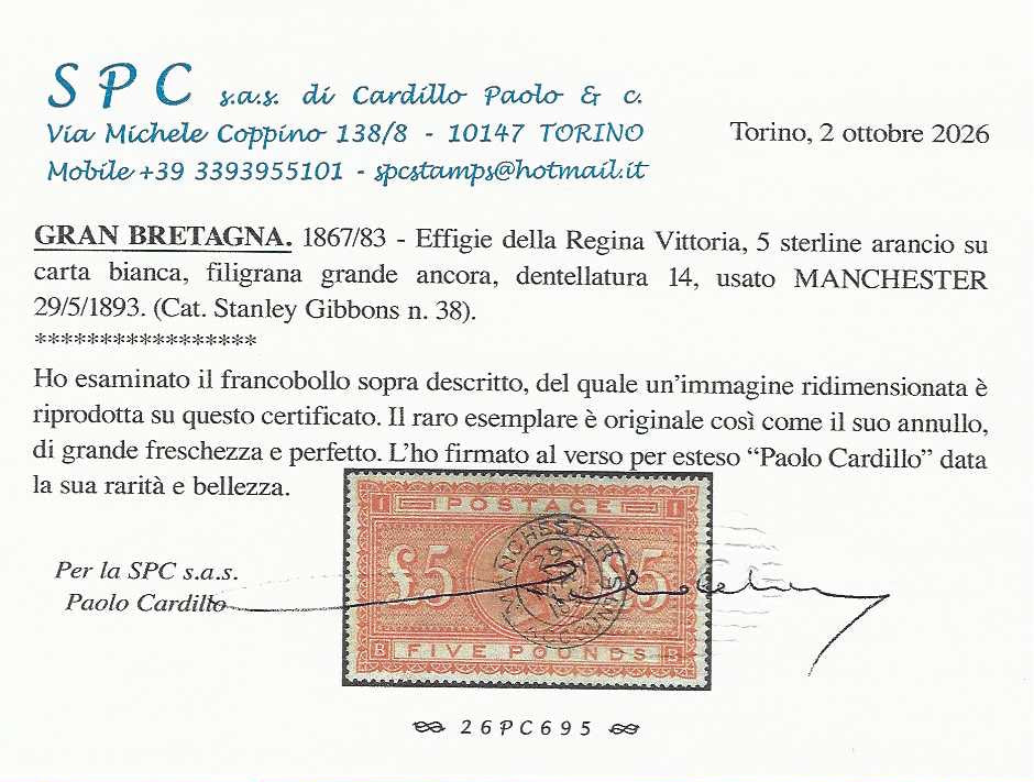 ♾️ Non soggetto a sconti - GB12 - 1867/83 - 5 sterline arancio filigrana grande ancora usato (Y&T n. 46, SG n. 137, plate 1)