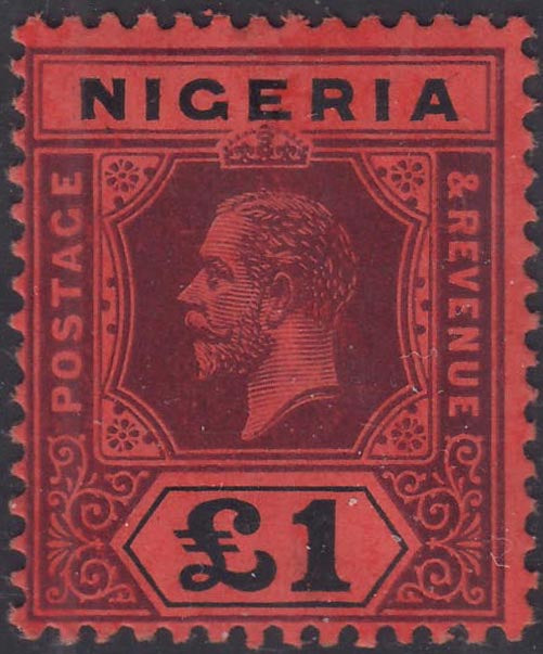 GB1 - 1927 - Colonie Inglesi, NIGERIA - Giorgio V - 1 sterlina rosso e nero nuovo con gomma originale (SG n. 12)