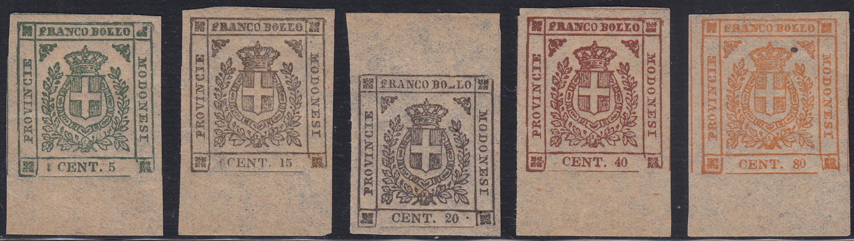 GPM16 - Scudo di Savoia sormontato da corona reale, ristampe ufficiose con tassello del valore modificato, serie completa nuova con gomma.