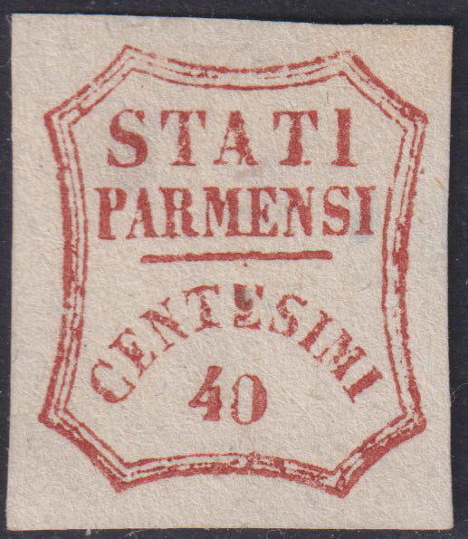 1859 - STATI PARMENSI e valore in un ottagono a linee curve, c. 40 rosso bruno varietà "zero grasso" nuovo senza gomma (16aa).