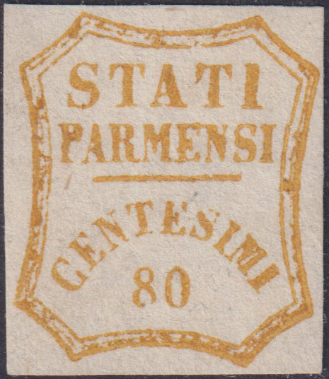 1859 - STATES OF PARME and value in an octagon with curved lines, c. 80 new orange without gum (18c).