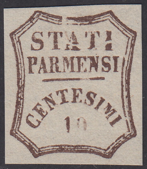 1859 - STATI PARMENSI e valore in un ottagono a linee curve, c. 10 bruno difetto di clichet "D" nuovo senza gomma (14e).