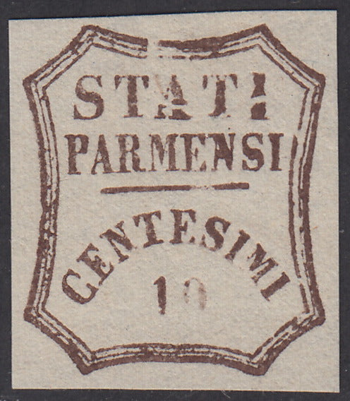 1859 - STATES OF PARME and value in an octagon with curved lines, c. 10 brown cliché defect "D" new without rubber (14e).