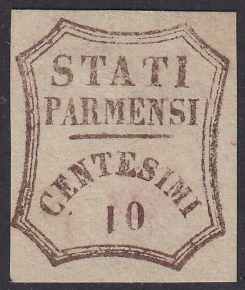 1859 - STATES OF PARME and value in an octagon with curved lines, c. 10 greyish brown variety "1" reversed, new without gum (14b).