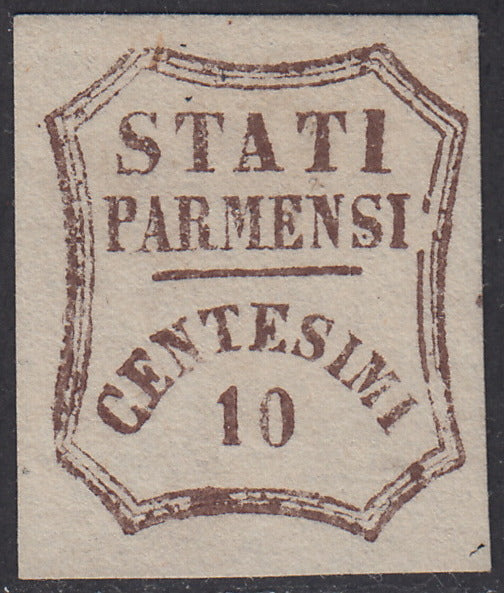 1859 - STATI PARMENSI e valore in un ottagono a linee curve, c. 10 bruno nuovo senza gomma (14).
