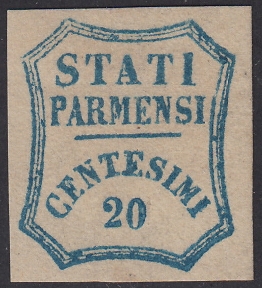 1859 - STATI PARMENSI e valore in un ottagono a linee curve, c. 20 azzurro nuovo con gomma (15).
