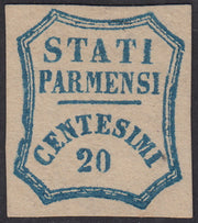 1859 - STATI PARMENSI e valore in un ottagono a linee curve, c. 20 azzurro vivo nuovo senza gomma (15a).