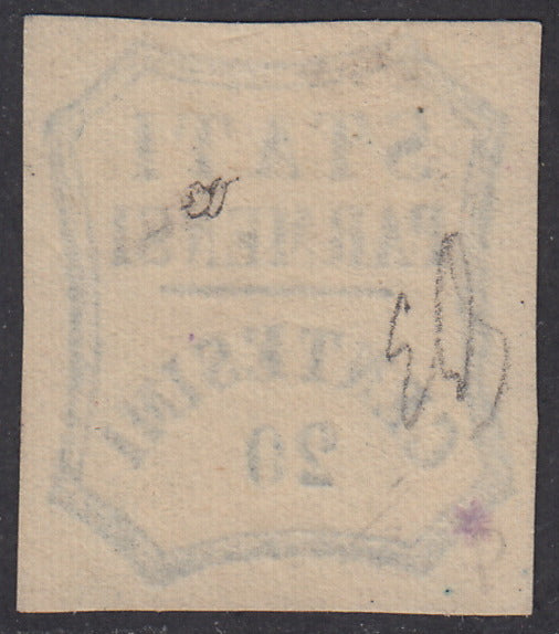 1859 - STATI PARMENSI e valore in un ottagono a linee curve, c. 20 azzurro vivo nuovo senza gomma (15a).