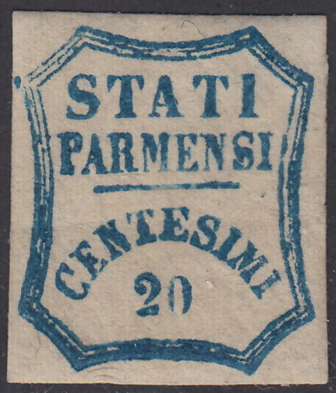 1859 - STATI PARMENSI e valore in un ottagono a linee curve, c. 20 azzurro scuro nuovo con gomma (15b).