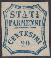 1859 - STATI PARMENSI e valore in un ottagono a linee curve, c. 20 azzurro scuro difetto di clichet "D" nuovo senza gomma (15e).