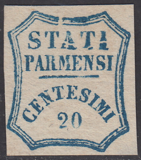 1859 - STATI PARMENSI e valore in un ottagono a linee curve, c. 20 azzurro scuro difetto di clichet "D" nuovo senza gomma (15e).