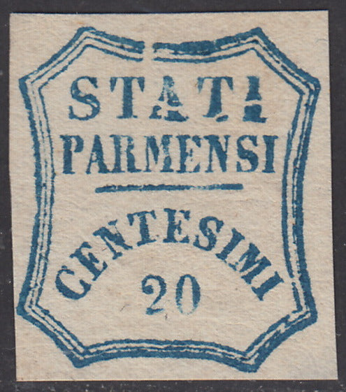 1859 - STATES OF PARME and value in an octagon with curved lines, c. 20 dark blue cliche defect "D" new without rubber (15e).