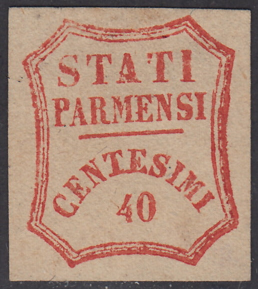 1859 - STATI PARMENSI e valore in un ottagono a linee curve, c. 40 vermiglio nuovo senza gomma (17).