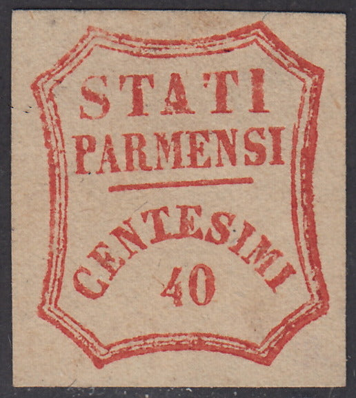 1859 - STATES OF PARME and value in an octagon with curved lines, c. 40 new vermilion without gum (17).