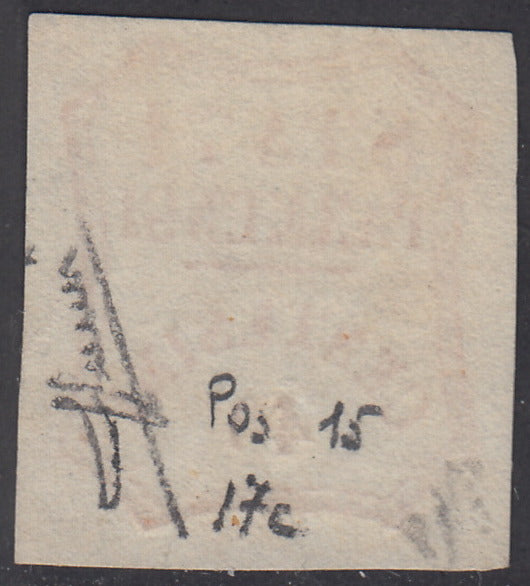 1859 - STATES OF PARME and value in an octagon with curved lines, c. 40 vermilion cliche defect "A" new without gum (17c).