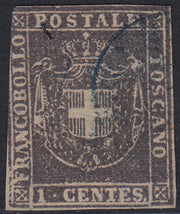 PPP449 - 1851 Leone di Marzocco, 2 light blue crazie on gray paper and crown watermark, used (5d)