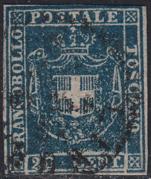 GPT17 - 1860 - Scudo di Savoia sormontato da Corona Reale, c.20 azzurro cupo usato. (20d)