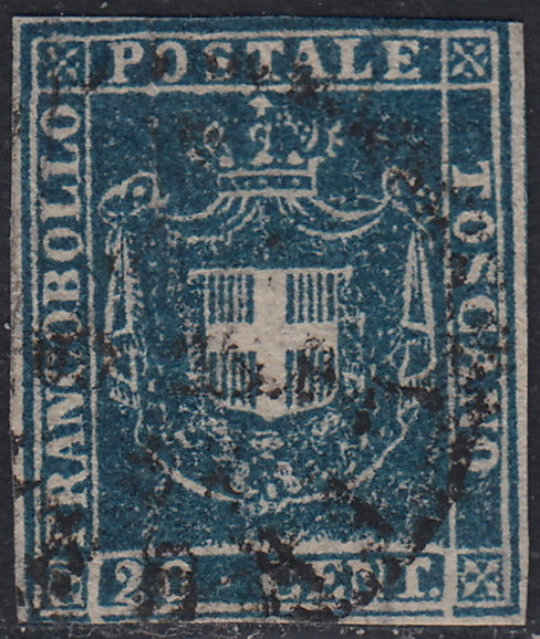 GPT17 - 1860 - Shield of Savoy surmounted by Royal Crown, c.20 dark blue used. (20d)