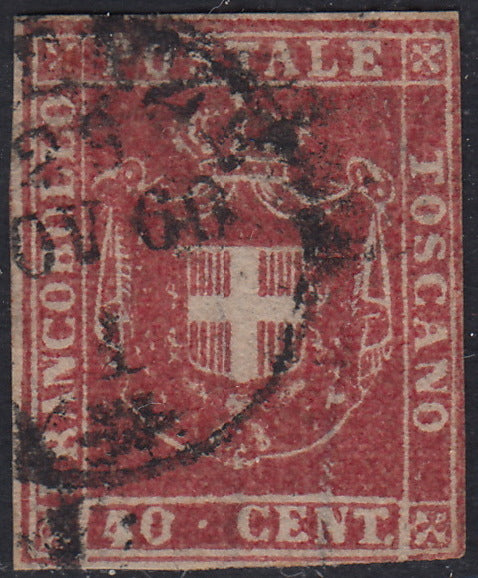GPT18 - 1860 - Scudo di Savoia sormontato da Corona Reale, c.40 carminio usato. (21)