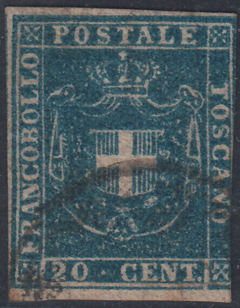 GPT19 - 1860 - Scudo di Savoia sormontato da Corona Reale, c.20 azzurro grigio usato. (20b)