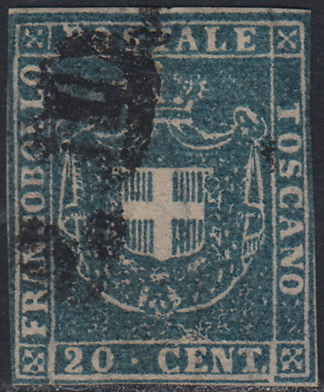 PPP449 - 1851 Leone di Marzocco, 2 light blue crazie on gray paper and crown watermark, used (5d)