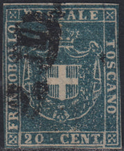 PPP449 - 1851 Leone di Marzocco, 2 light blue crazie on gray paper and crown watermark, used (5d)
