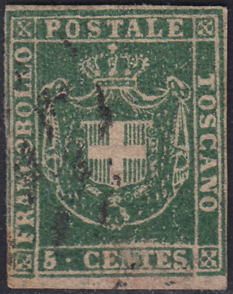 GPT27 - 1860 - Scudo di Savoia c. 5 verde su carta bianca e filigrana linee ondulate (18)