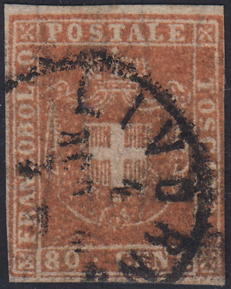 GPT34 - 1860 - Scudo di Savoia sormontato da Corona Reale, c.80 carminino usato (22)