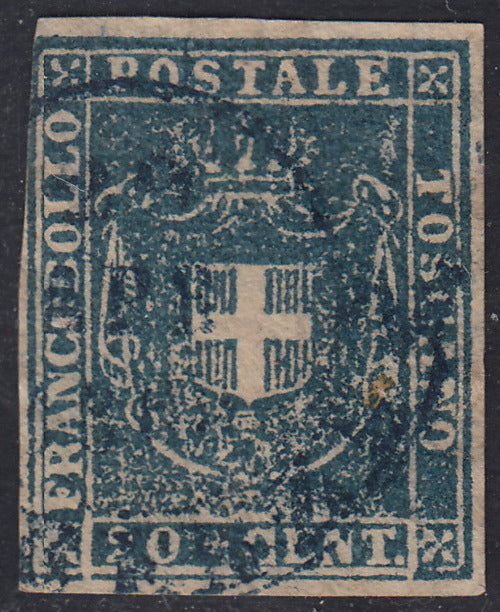 GPT4 - 1860 - Escudo de Saboya coronado por la Corona Real, c.20 azul claro usado. (20a)