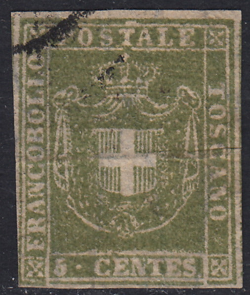 GPT6 - 1860 - Scudo di Savoia sormontato da Corona Reale, c.5 verde oliva usato. (18a)