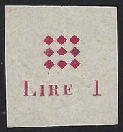 Guidizzolo_1 - 1945 - Prova della soprastampa modificata in rosso Lire 1 su carta sottile non gommata (1B, prova)
