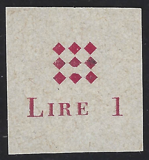 Guidizzolo_1 - 1945 - Prova della soprastampa modificata in rosso Lire 1 su carta sottile non gommata (1B, prova)